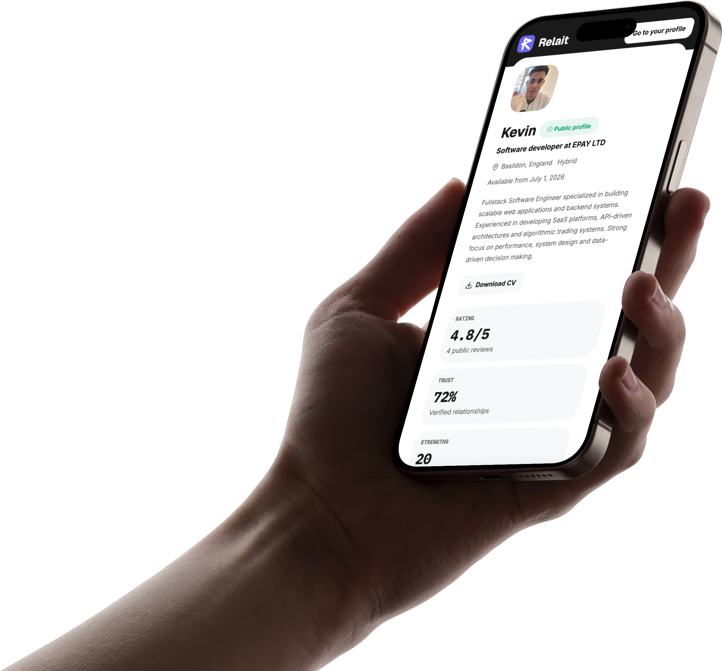 Relait public profile shown on a phone